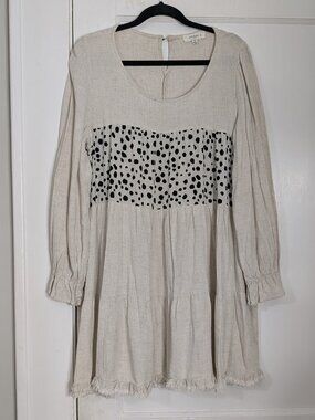 Umgee Linen Cotton Boho Leopard Long Sleeve Smock Dress Ivory Women's Size XL